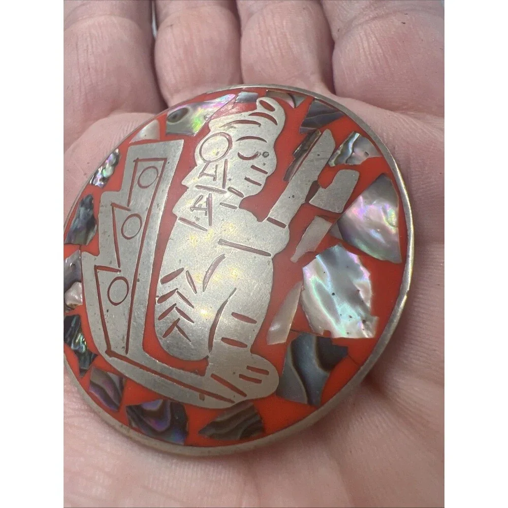 Vintage Brooch Hecho En Mexico Alpaca Pin Pendant Abalone Orange Geometric Shell